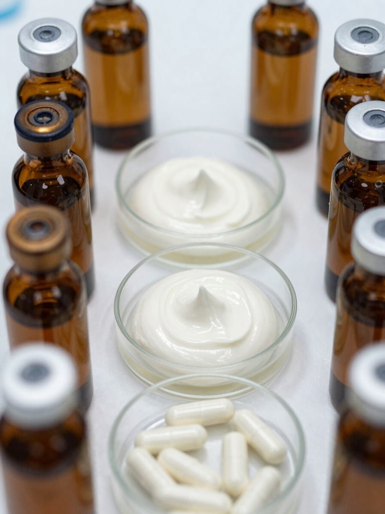 Laboratory vials, formulations and capsules arranged in a precise scientific composition
